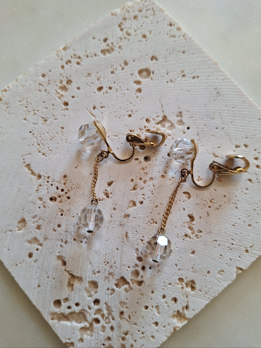 Gold-Tone Crystal Drop Clip-On Earrings - Clear Vintage